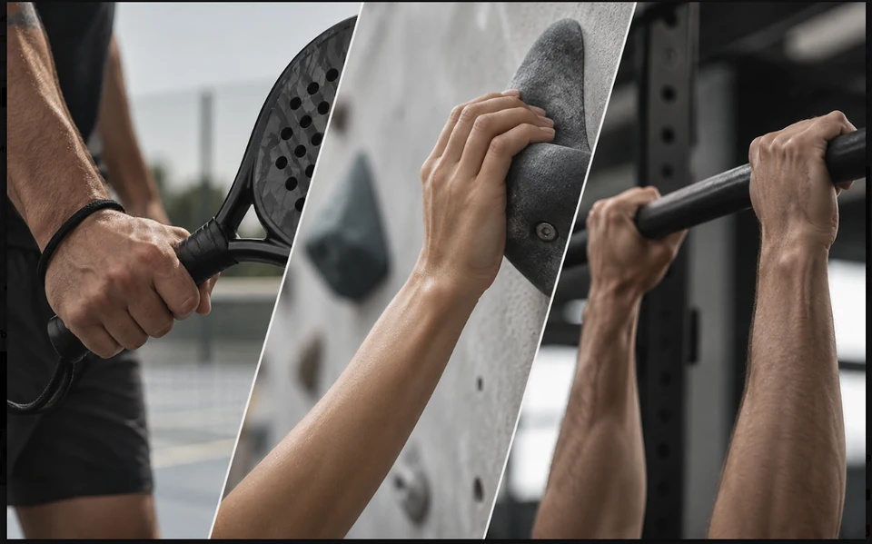 Hands gripping a padel racket, a climbing hold and a pull-up bar.
