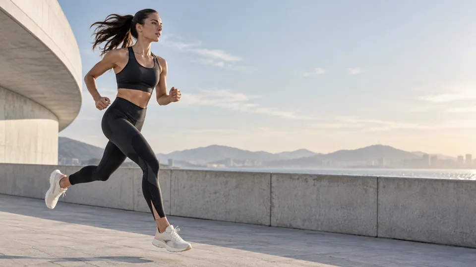 A woman running with focus on a sunlit path